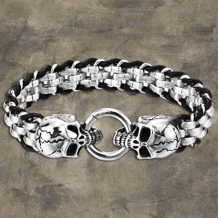 Mens Stainless Steel Skulls Black Interwoven Bracelet for wholesale by WoodWristCo