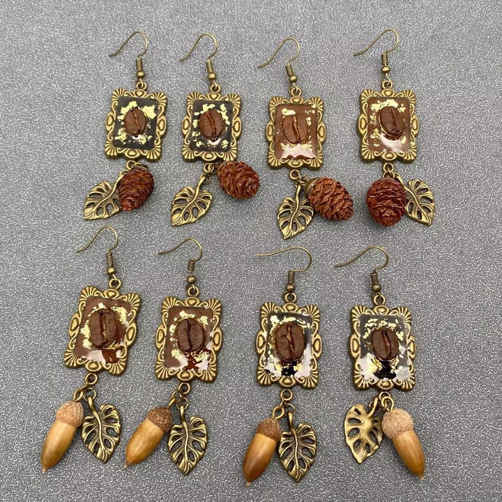 Vintage Dried Nut & Coffee Bean Dangle Earrings for wholesale by Mio Queena