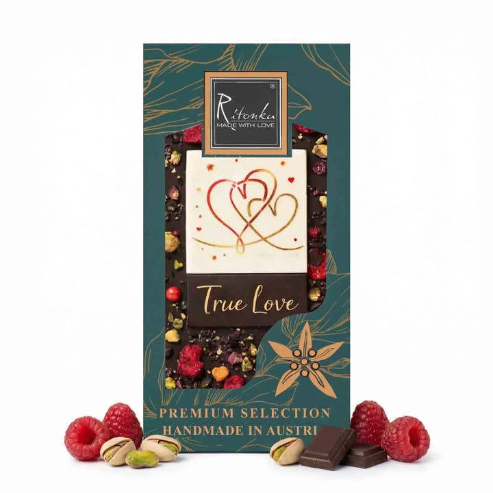Mörk choklad "TRUE LOVE" hallon, ros, pistage Valentin för wholesale av Ritonka ...made with love