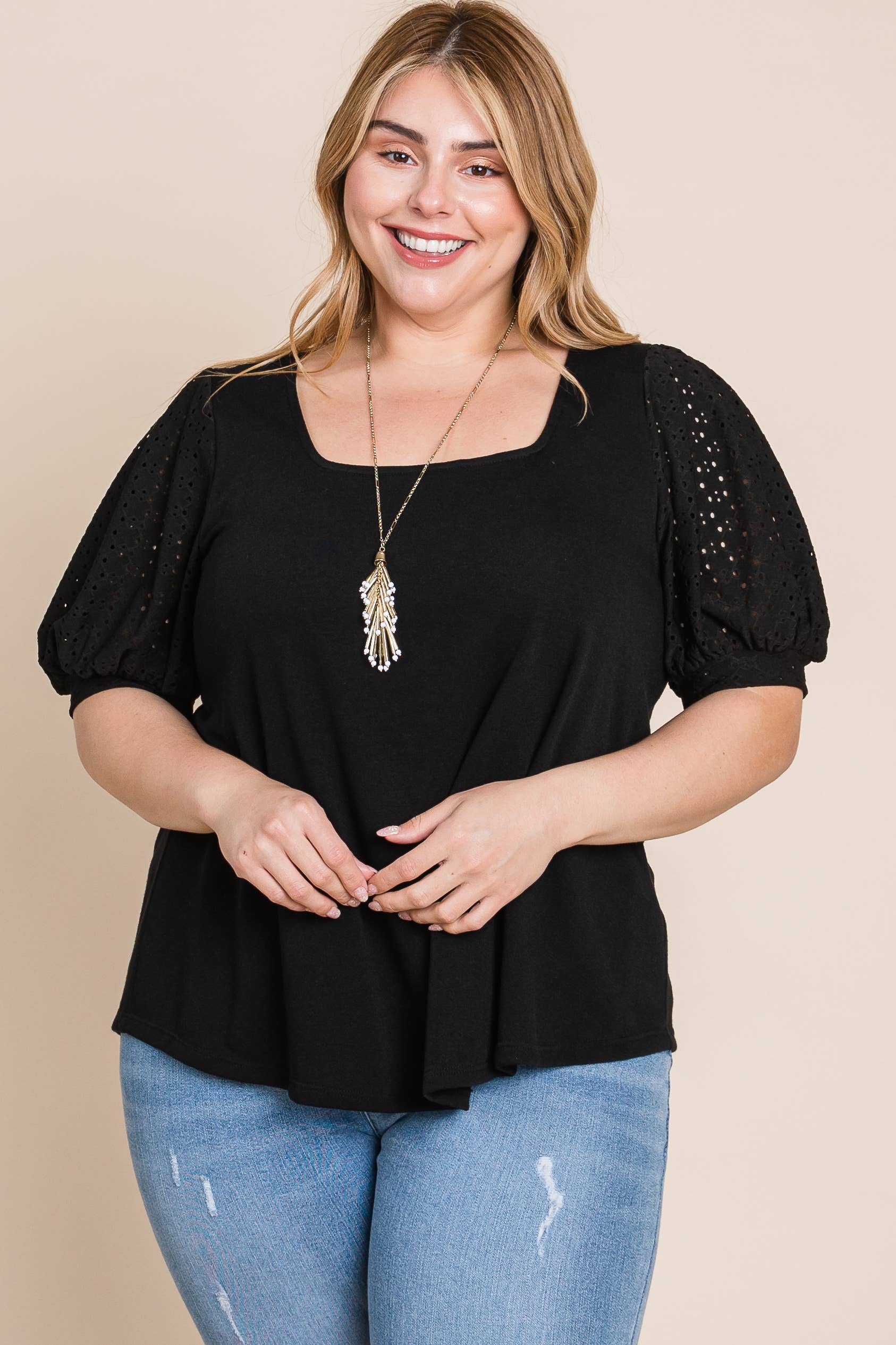 Sort ETK-8820-PL Plus Størrelse Øje Boble ærmer Solid Strik Top for engroshandel på Faire2