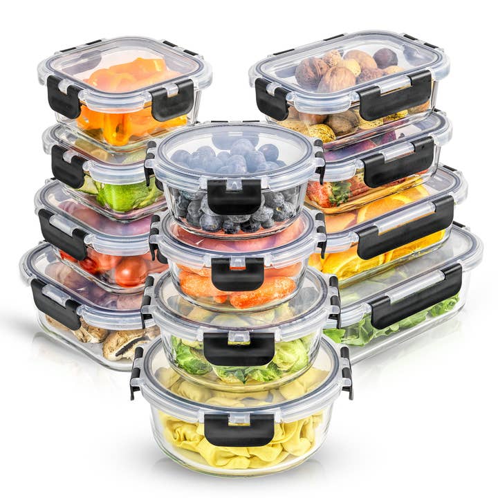 JoyJolt - Wholesale Food Storage Container - 12 Piece Glass Kitchen Storage Containers with Lids - Black