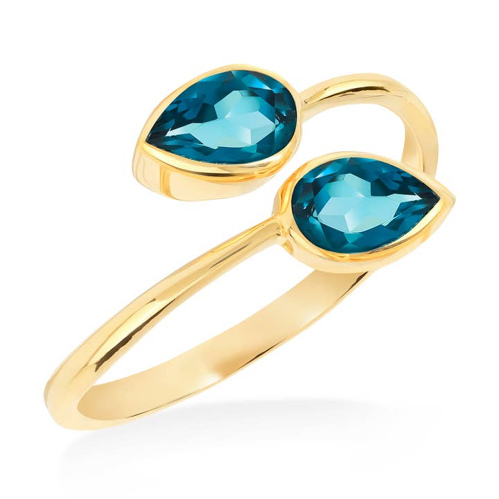 Vergoldeter 925er Silberring mit London Blue Topas im offenen Bypass-Design für den Großhandel von Tiramisu