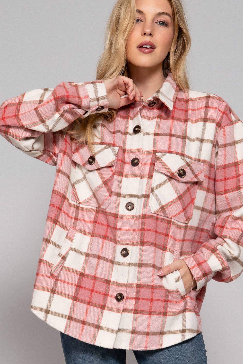 Active Basic | Active USA - Wholesale Shirt Jacket/Shacket - Women's - Long Sleeve Wool Blend Plaid Button Down Casual Jacket 3