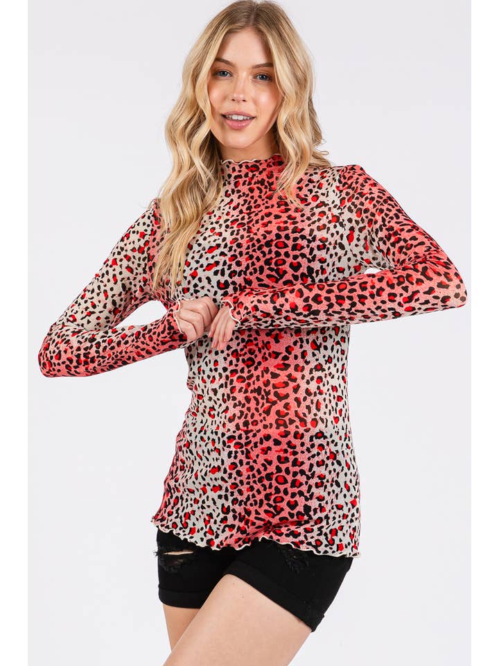 PINK MULTI Leopard Printed Mesh Long Sleeve Top for wholesale on Faire2