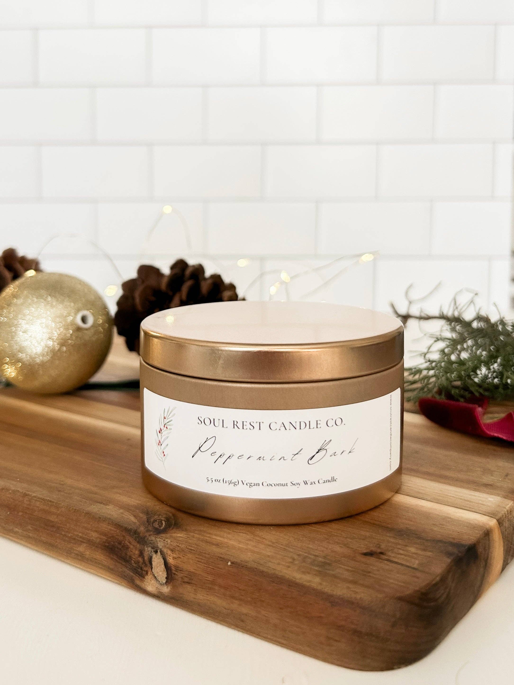 Soul Rest Candle Co. - Wholesale Travel Candles - Peppermint Bark 5.5oz Tin Candle1