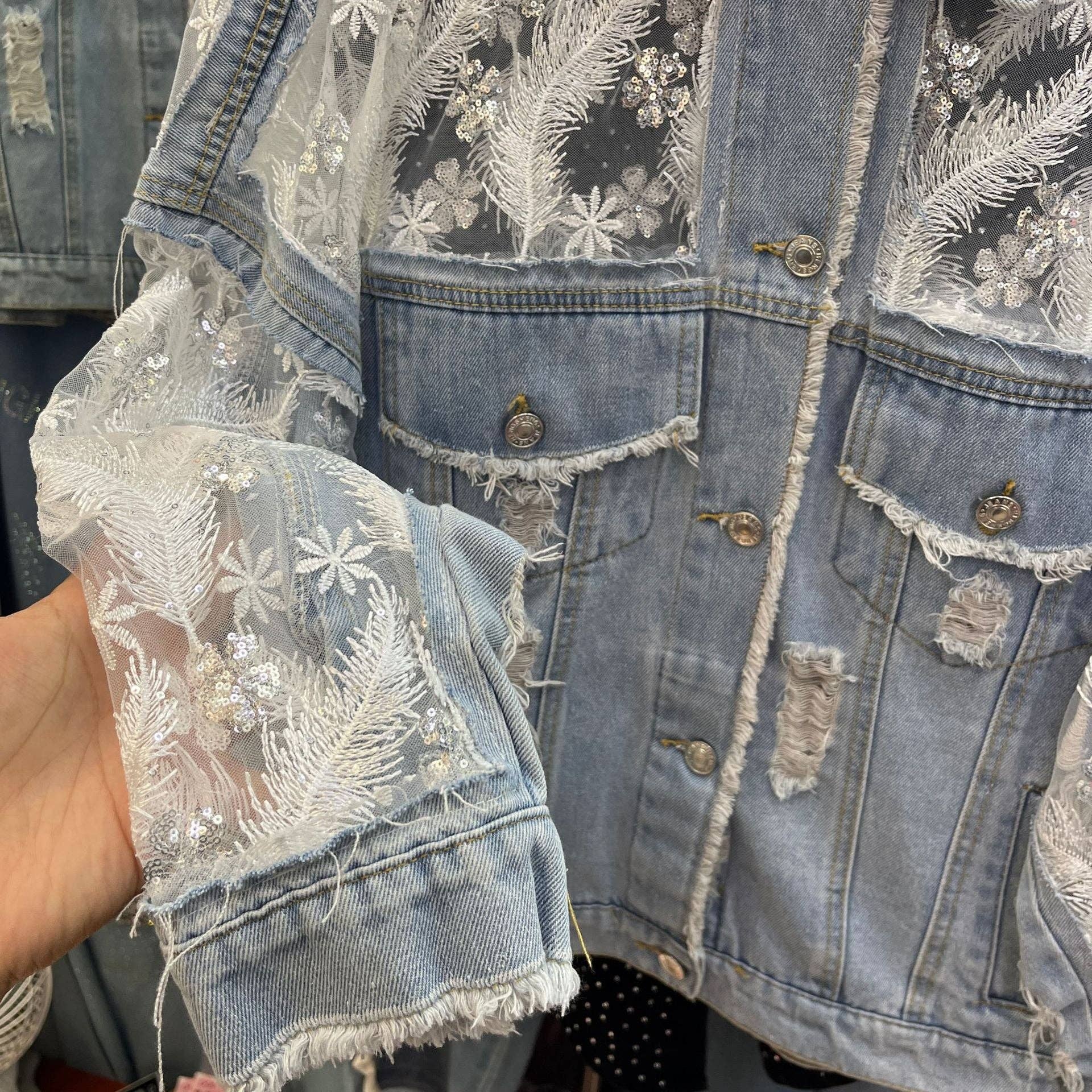 Blue M135 Double-Layer Lace Mesh Embroidered Denim Jacket for wholesale on Faire2