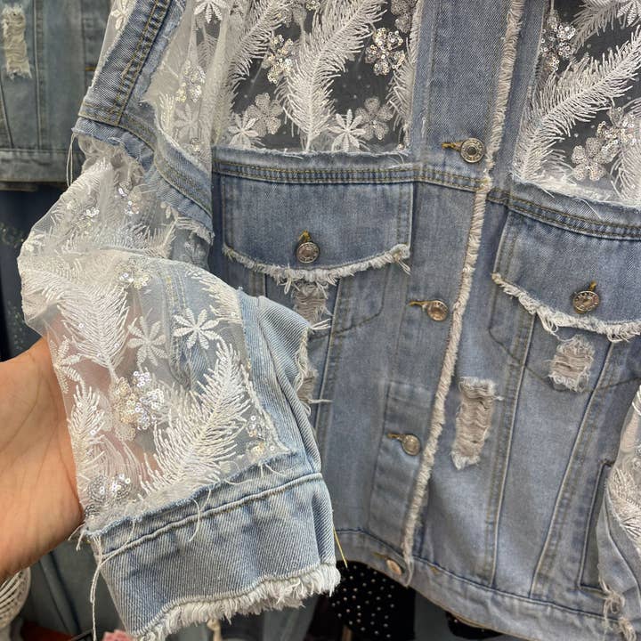 Blue M135 Double-Layer Lace Mesh Embroidered Denim Jacket for wholesale on Faire2