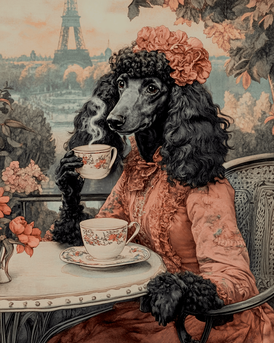 Mowbi - Wholesale Art Print - Fine Lady Poodle at Paris Cafe - Pet Dog Still Life Wall Art Prints – 8″x10″ Artwork for 11″x14″ Frame0