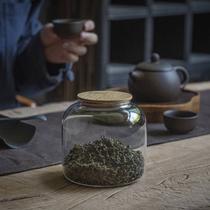 Gohobi – Großhandel Lebensmittelbehälter – Gohobi Teedose aus Glas mit grauem Schirm, groß