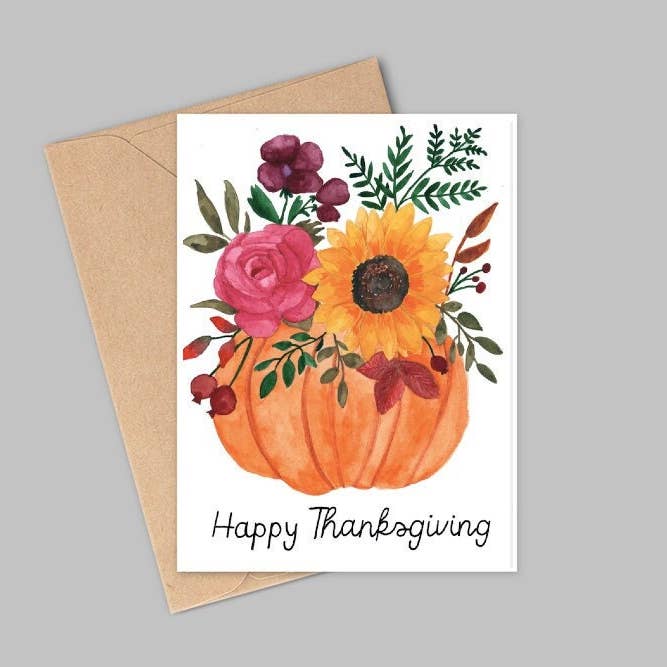 Wild Juniper Art Studio – wholesale Thanksgiving-kort – Happy Thanksgiving Card, Akvarell Pumpa Floral Arrangement Card, Handgjorda Thanksgiving Card, Kort för Thanksgiving, Söt pumpa kort