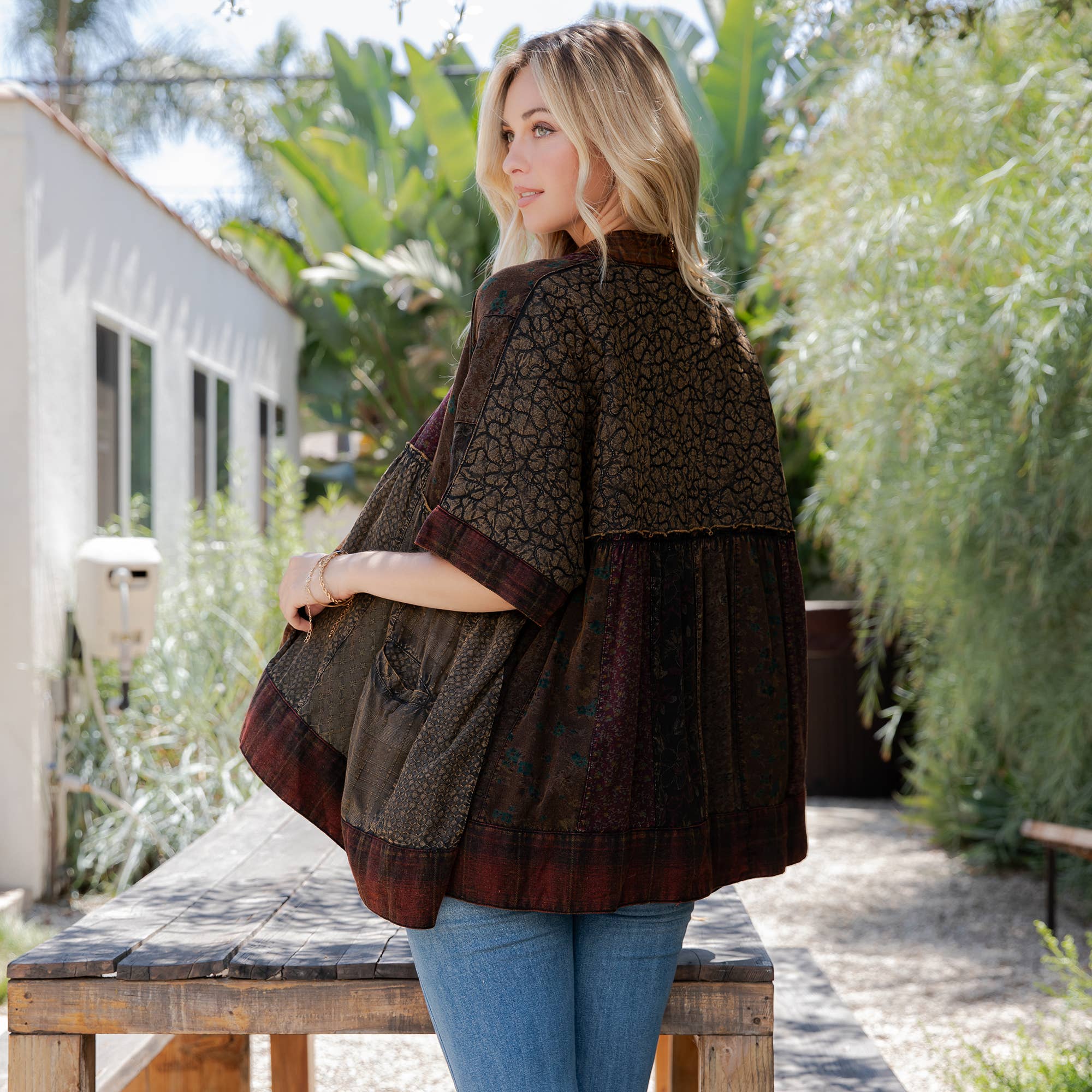 Young Threads - Wholesale Kimono - Women's - Mixed Patch Kimono Shrug with Draped Asymmetric Hem2