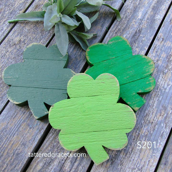Rustic Wood Shamrock Shelf Sitter 5 1/2 Inch for wholesale by Tattered Grace