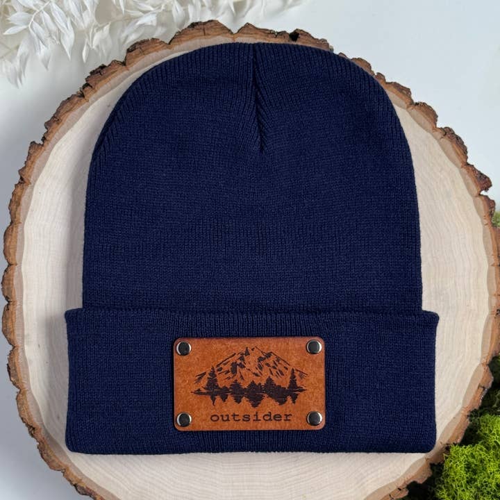 Outsider beanie with snap on/off leather patch for wholesale by The Lonely Pine