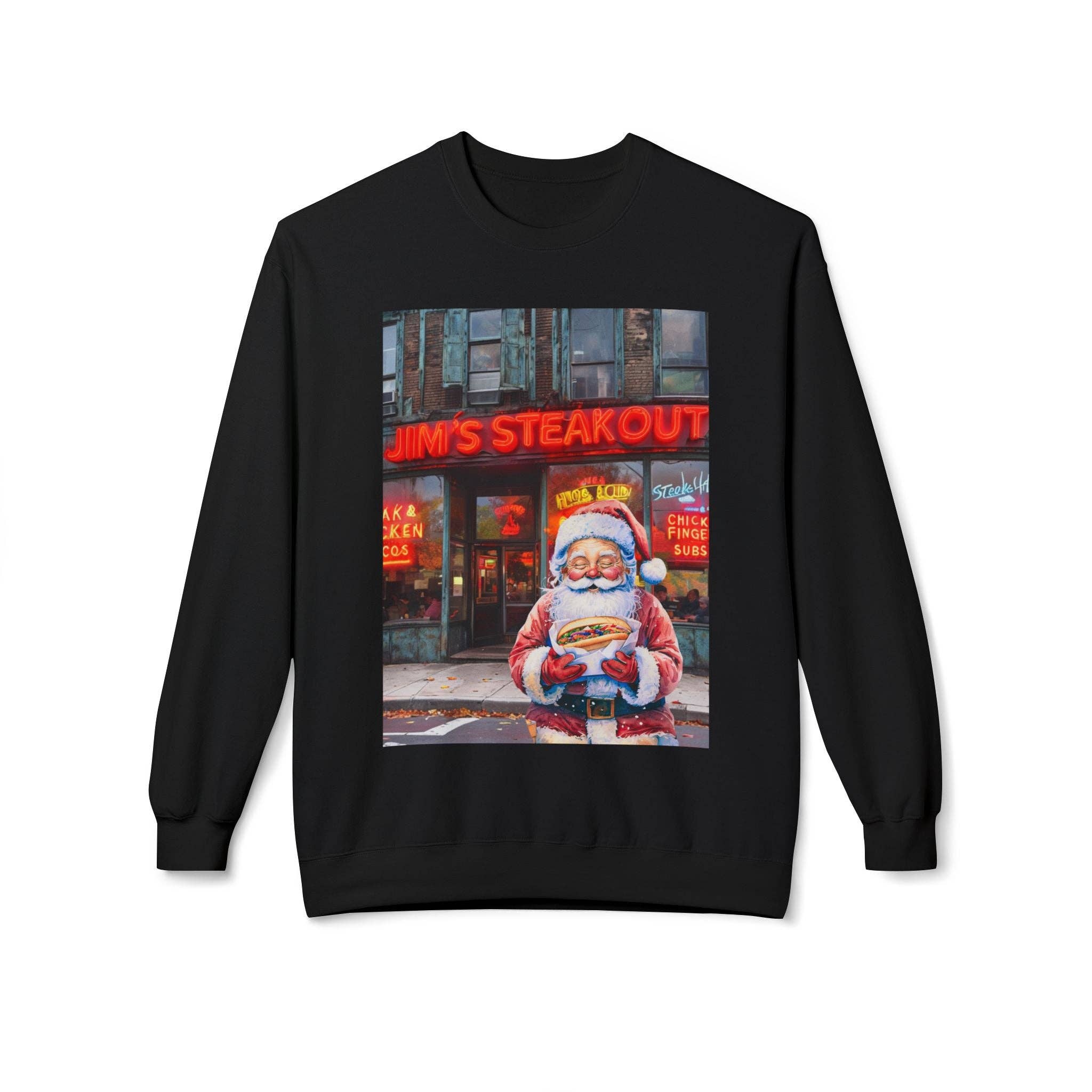 Buffalovely - Wholesale Graphic Sweatshirt - Unisex - Santa with a Hoagie at Jim's Steakout Unisex Cozy Crewneck Sweatshirt2