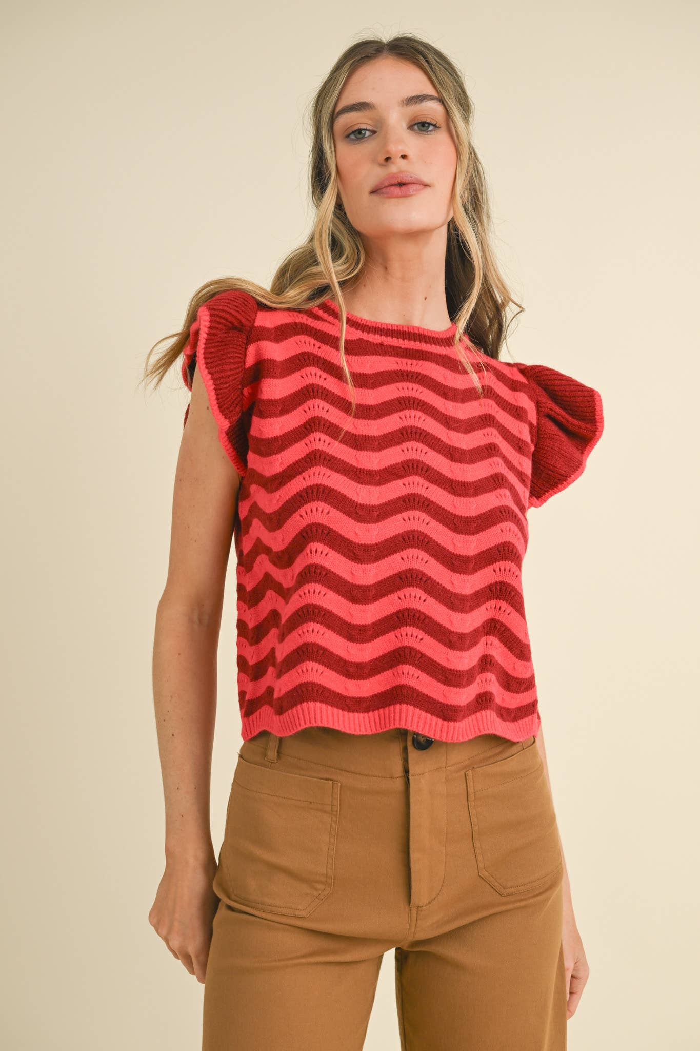 &MERCI - Wholesale Knit Sweater - Women's - WAVY STRIPES FLUTTER SLEEVE SWEATER TOP MSW1050973