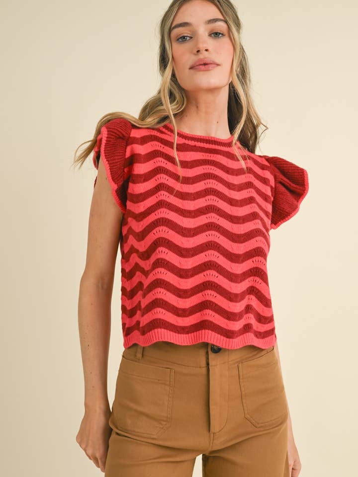 &MERCI - Wholesale Knit Sweater - Women's - WAVY STRIPES FLUTTER SLEEVE SWEATER TOP MSW1050973