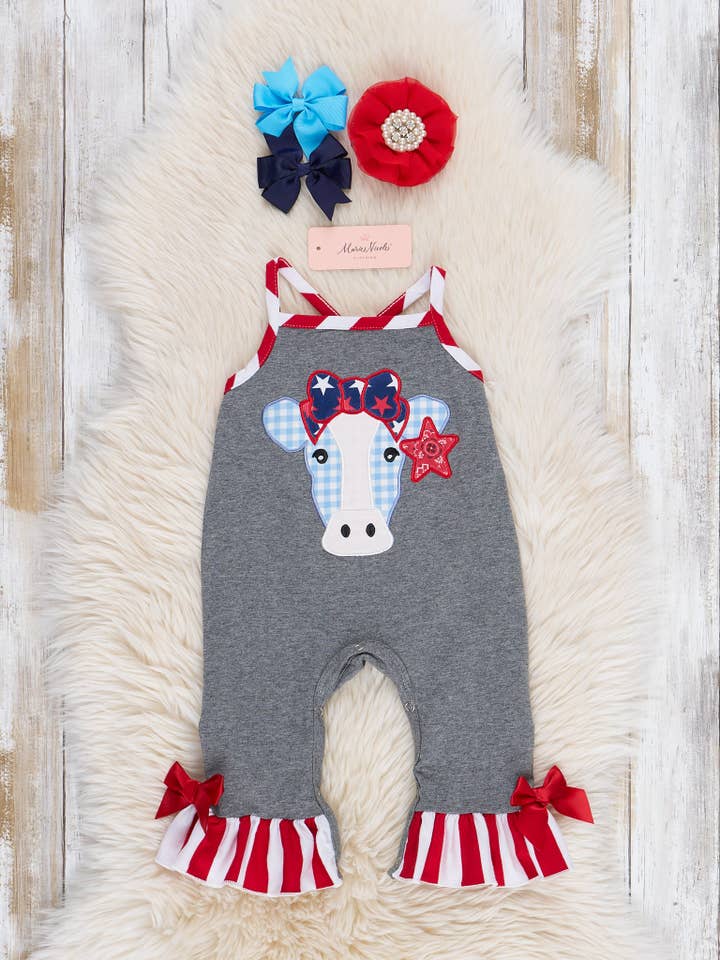 Stars & Stripes Cow Ruffle Romper for wholesale by Marie Nicole Clothing