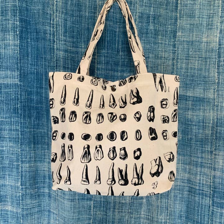 Bolsa de lona de algodão orgânico com dentes impressos em tela de mão por atacado de Little Baby Kitty