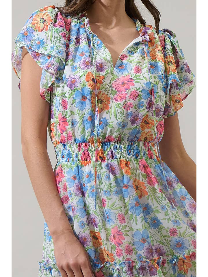 BLUE PINK YELLOW Ezia Garden Bumble Ruffle Mini Dress for wholesale on Faire