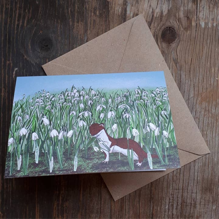 Stoat in the Snowdrops card (or stoat-ally devoted!) for wholesale by Alice Draws The Line
