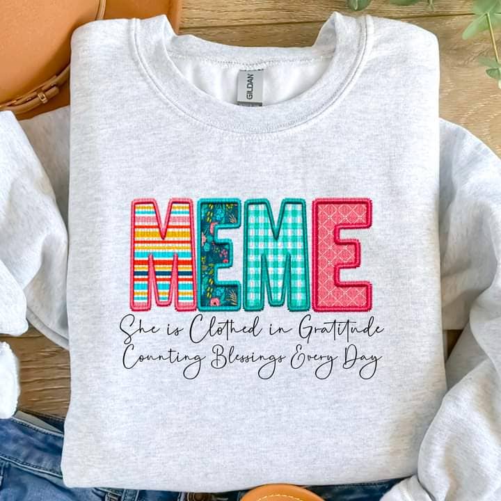 Meme Clothed in Gratitude Tee or Crew for wholesale by Hello Sunshine Boutique