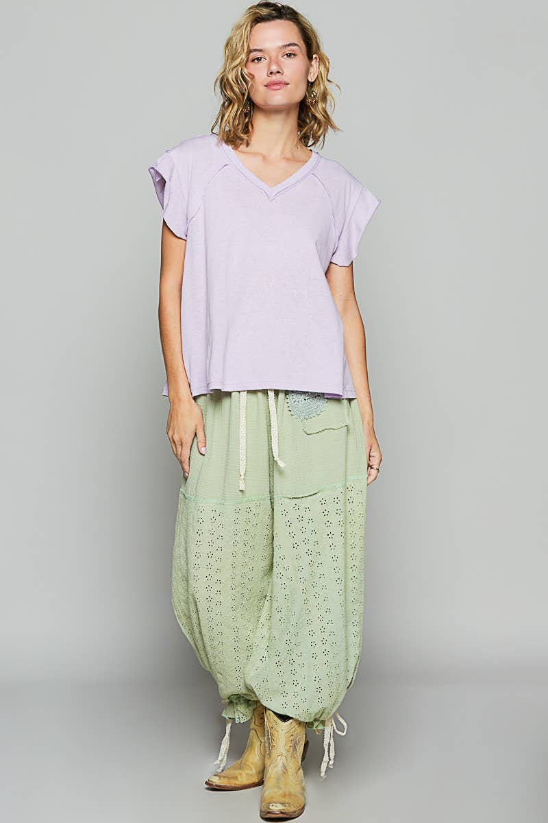 Pol Clothing - Wholesale T-Shirt - Women's - V-neck ruffle short sleeve solid basic cotton top18