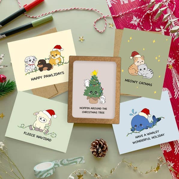 Coffret avec animaux de Noël, lot de 5 cartes de vœux pour la vente par Angel + Hare
