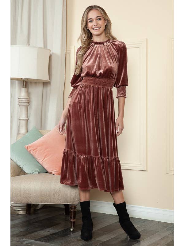 Reborn J - Wholesale Dress - Women's - Velvet Three Quarter Sleeve Midi Dress19
