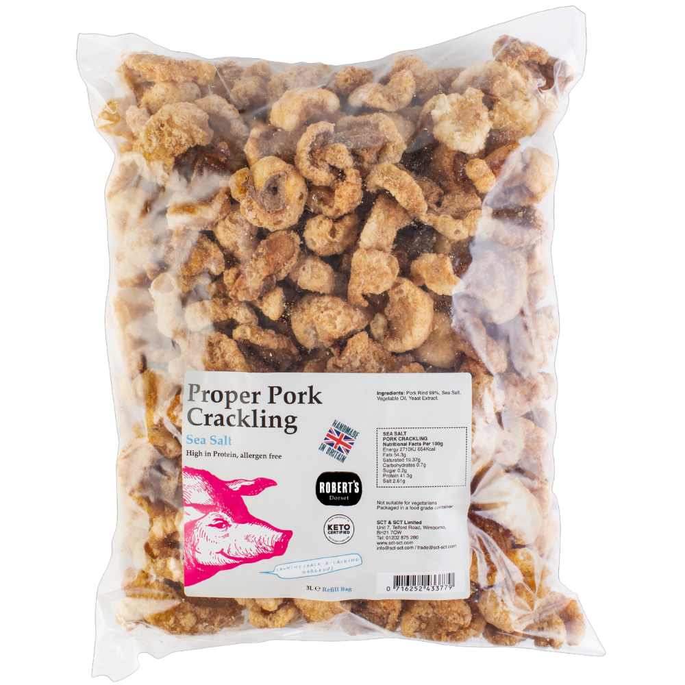 Robert’s Dorset – wholesale Puffed snack – Proper Pork Crackling 3L / 800g Refill Bag8