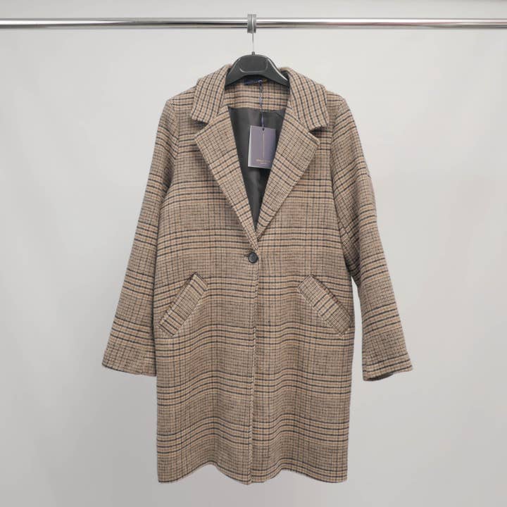 Mid-length beige and black checkered coat - TDMG807-2 for wholesale by Cecile Wang