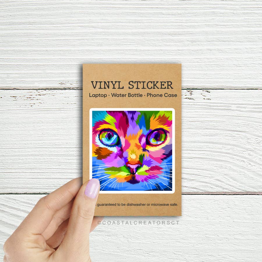 Coastal Creators of Connecticut - Wholesale Sticker - Colorful Pop Art Cat 3" Diecut Laptop Bottle Sticker0