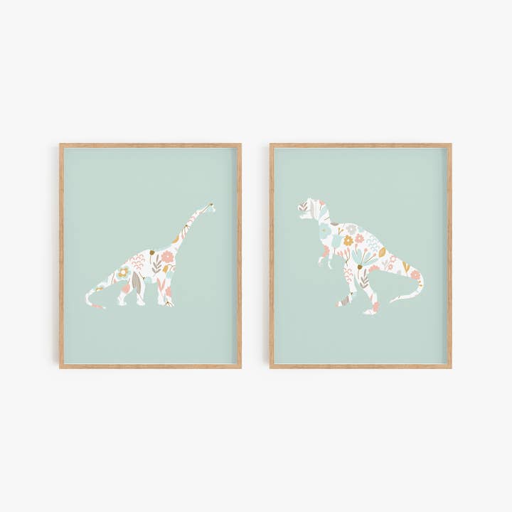 Mint Green Floral Dinosaur Art Print Set for wholesale by Flip The Script Studios