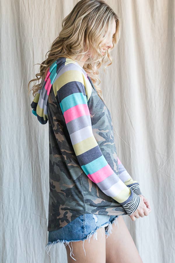 7th Ray - Wholesale Hoodie - Women's - Camo Print Stripe Raglan Sleeve Drawstring Hoodie T45496