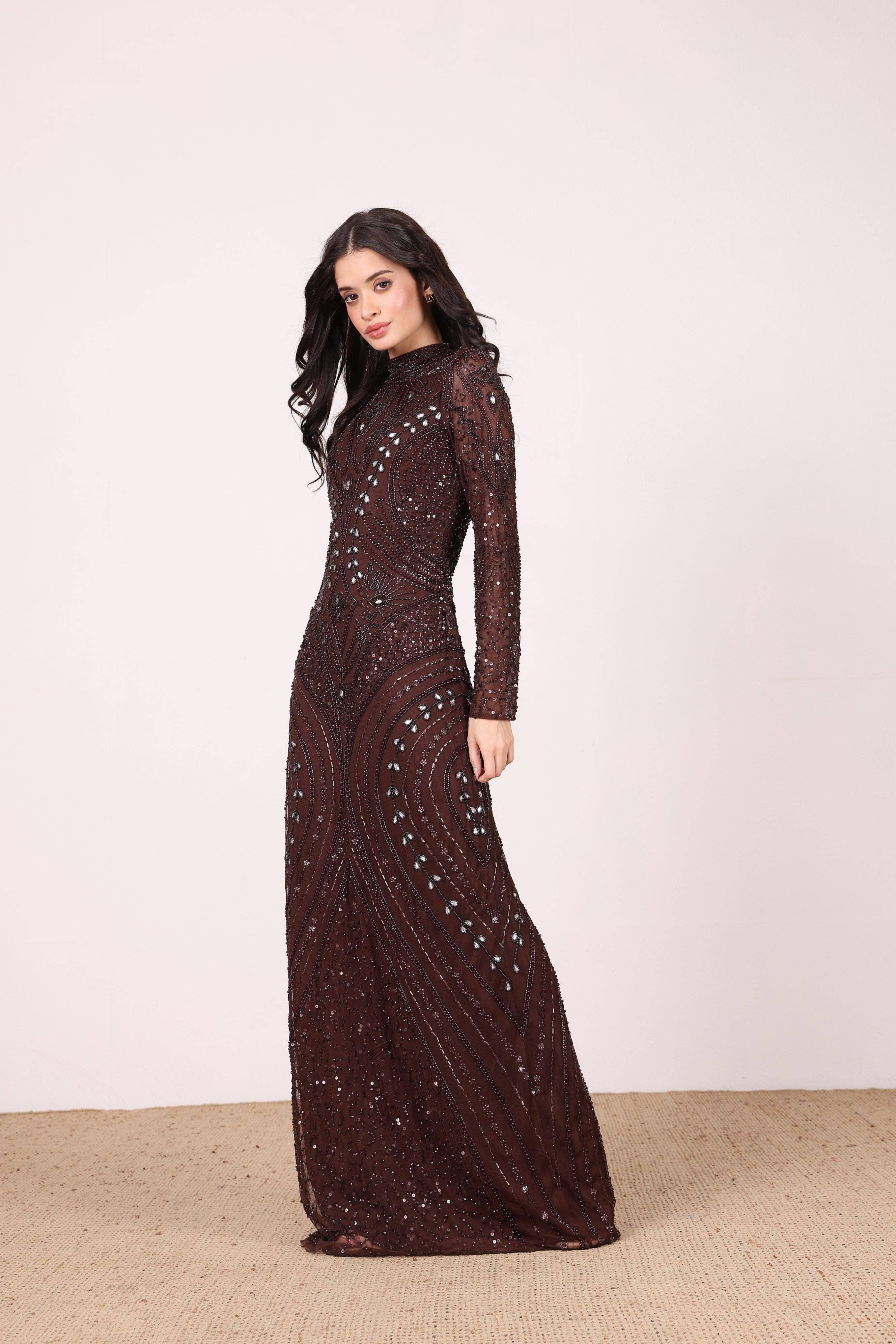 Lotus Embellished Maxi Dress in Chocolate Brown for wholesale on Faire5