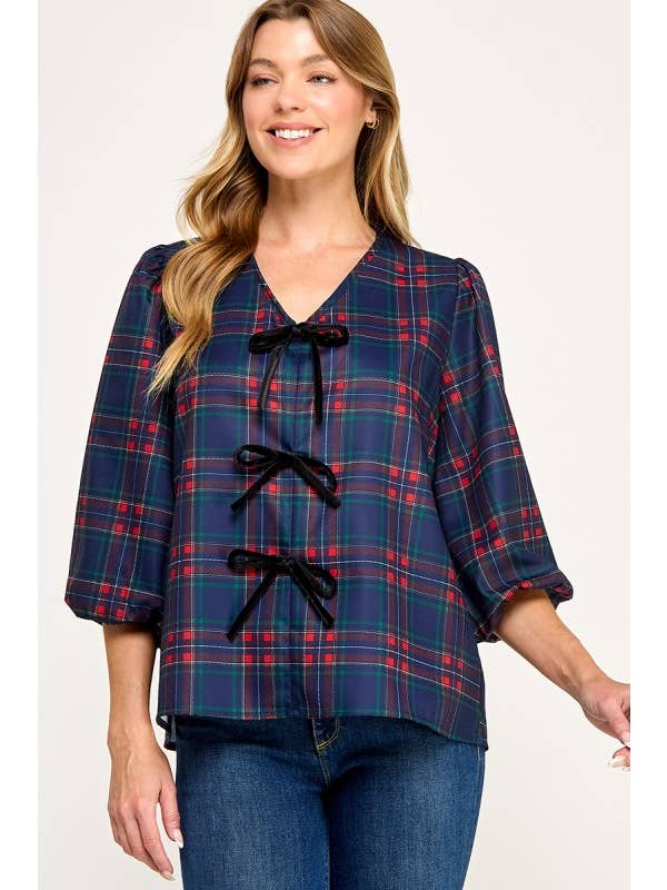 MintChoco - Wholesale Screen Printed T-Shirt - Women's - Plaid Holiday tie front blouse17
