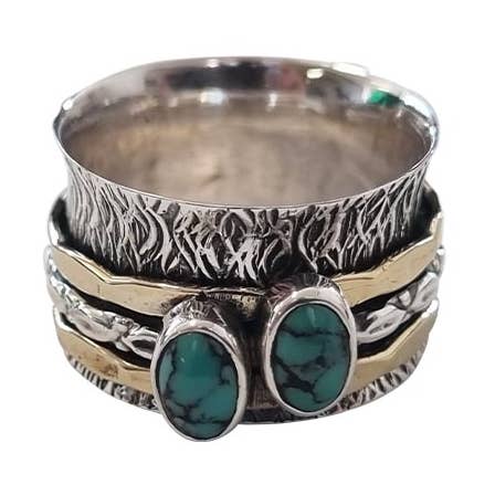 DBL TURQ STONE SPIN RG SIL/GLD/TURQ for wholesale by Fabienne