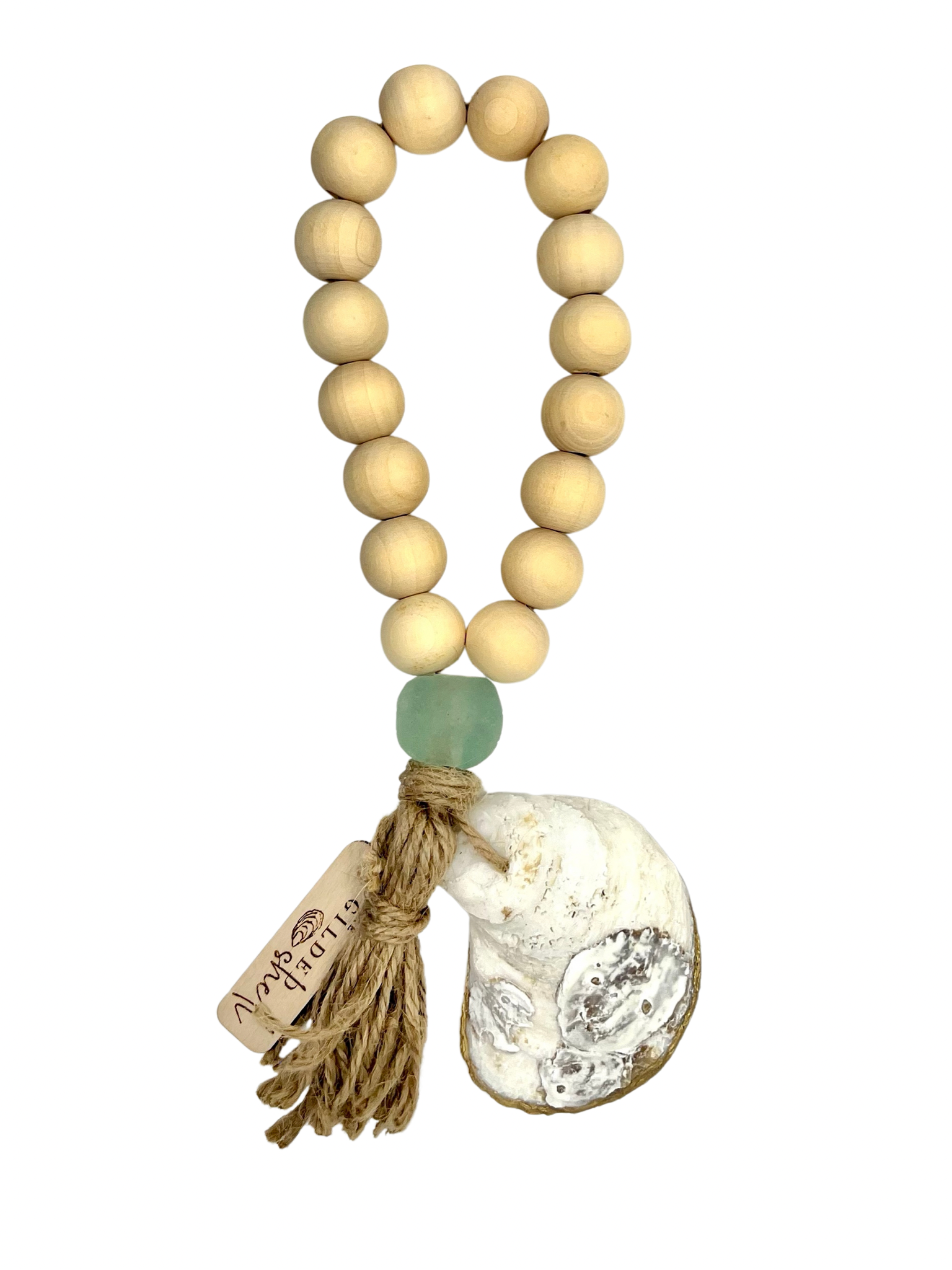 The Gilded Shell - Wholesale Decorative Tabletop Object - Lagoon - Natural Wood Bead Decor with Gold Oyster, Sea Glass8