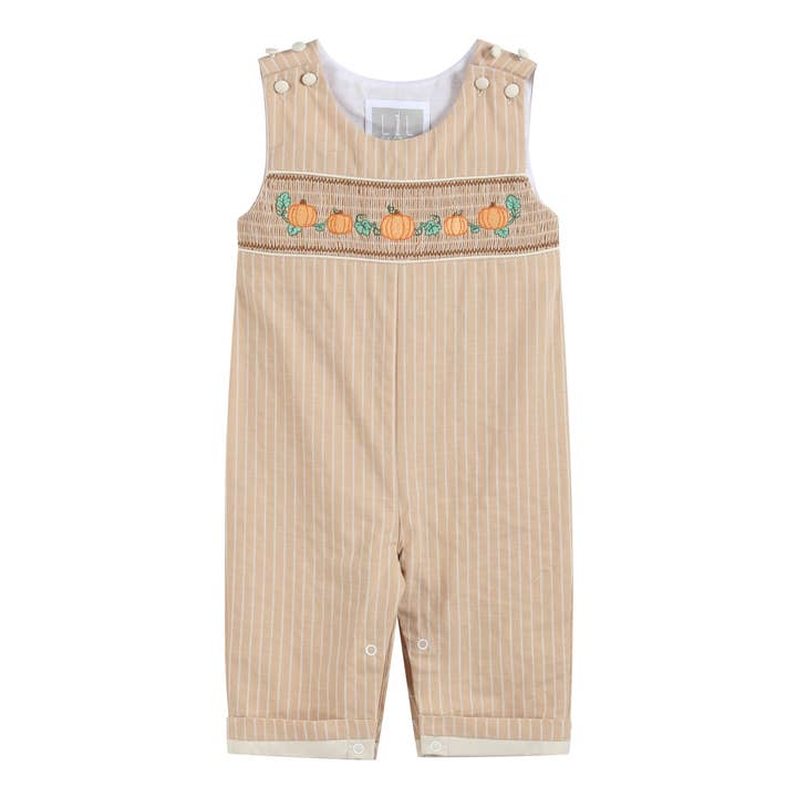 Light Brown Pinstripe Pumpkin Smocked Overalls for wholesale by Lil Cactus