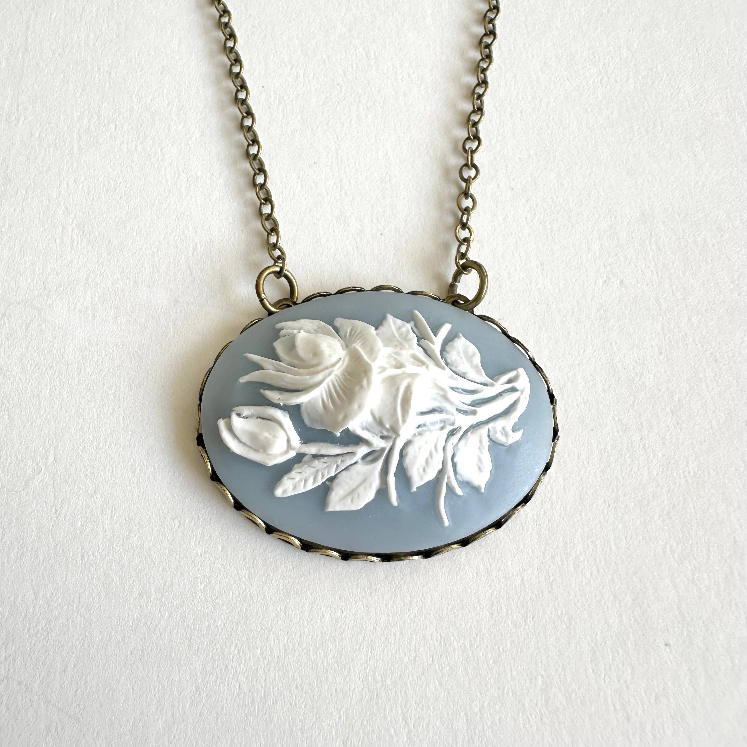 Botanical Bird - Wholesale Pendant/Charm Necklace - Sky blue cameo necklace, white rose cameo pendant3