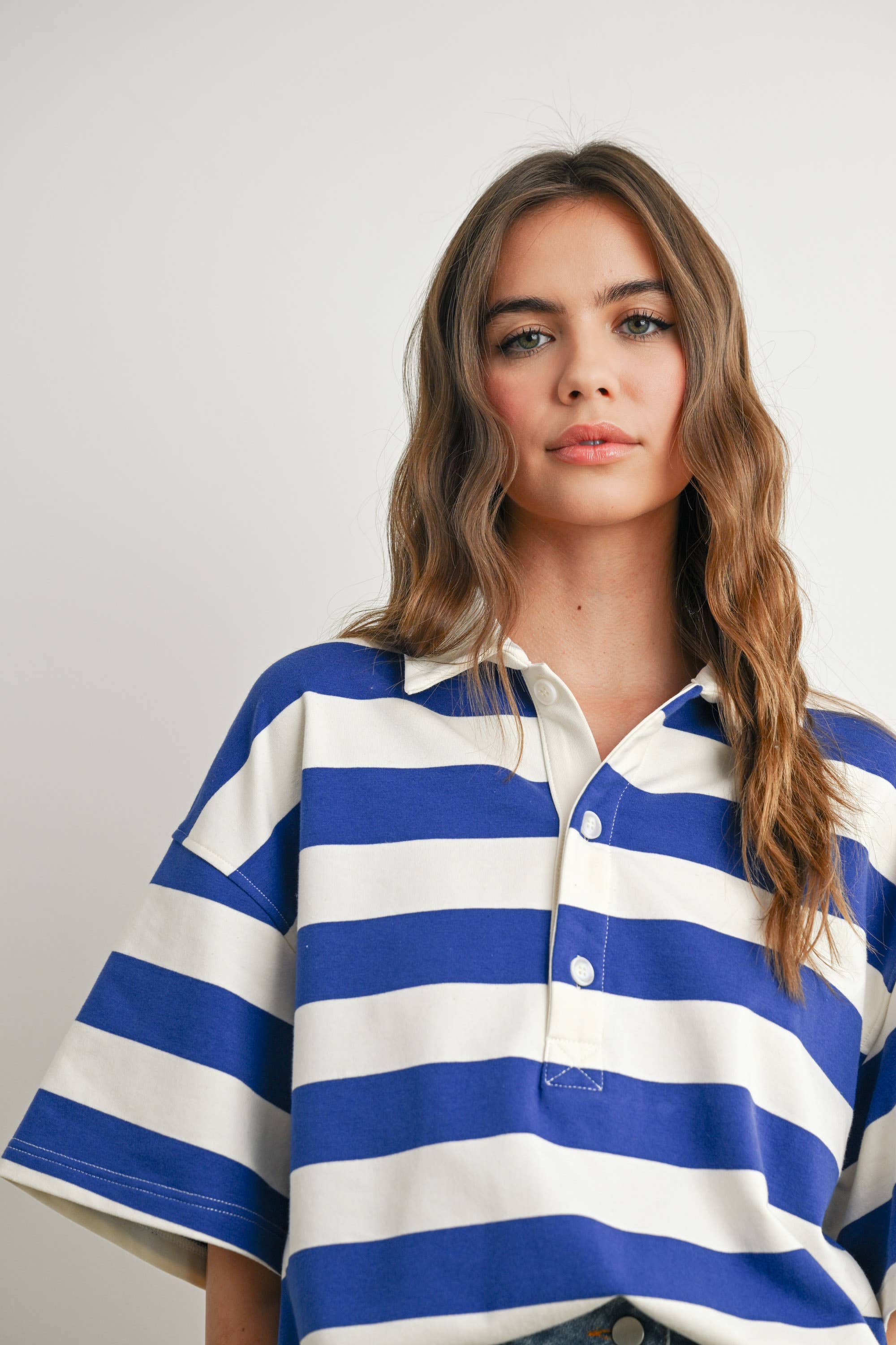 BUTTERMELON - Wholesale Polo - Women's - Striped Oversized Polo Shirt - BMT771044