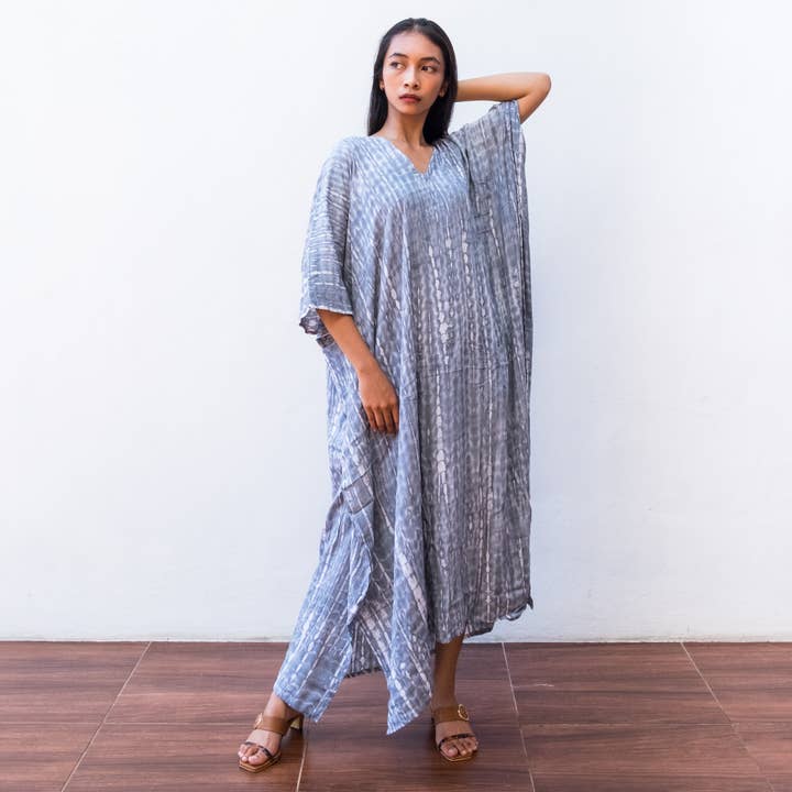 Vestido tipo caftán Tie Dye (gris oscuro) - Sun Beach Resort Wear para venta al por mayor de Bali Harvest