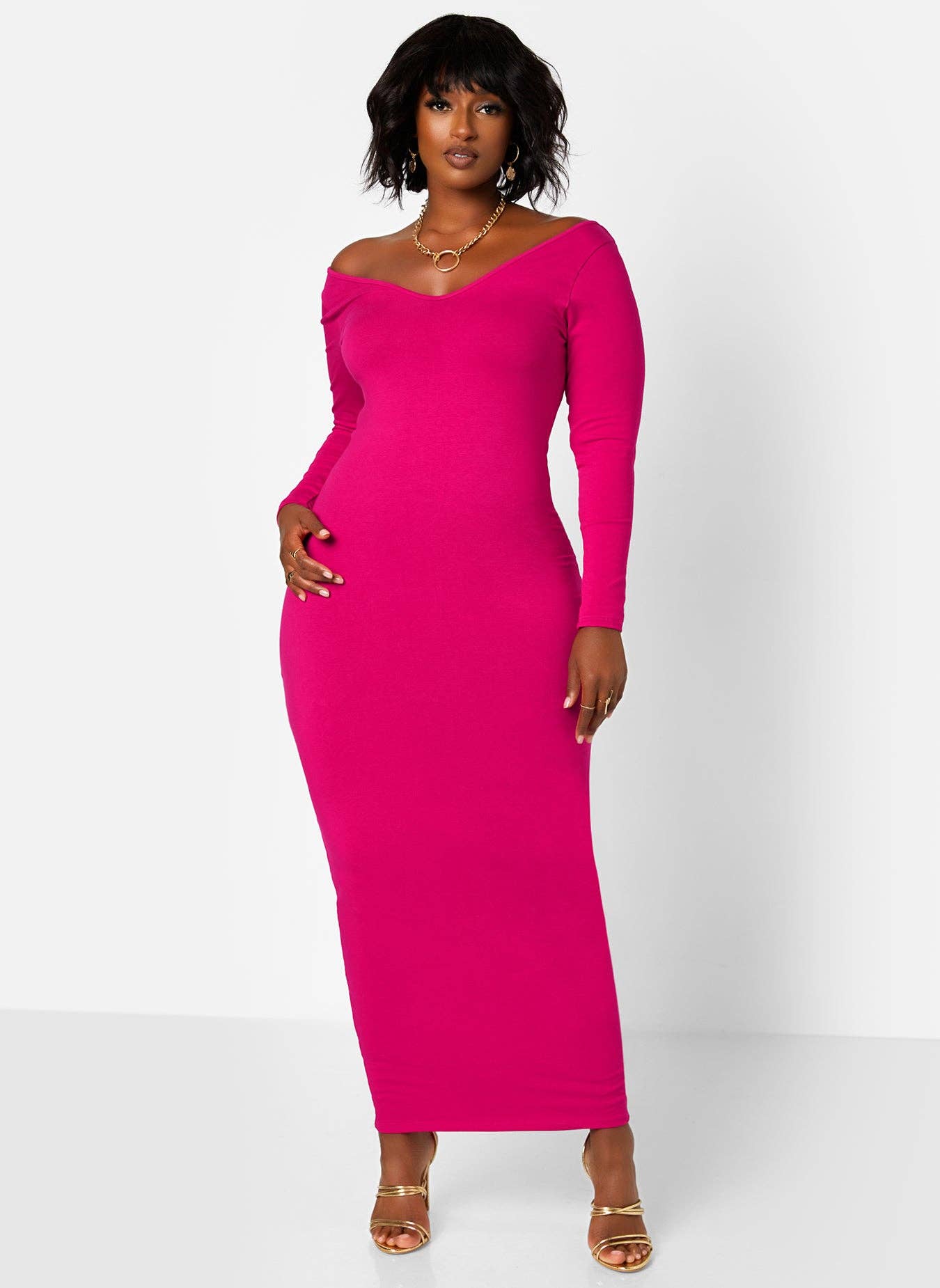 Essential Off The Shoulder Long Sleeve Maxi Bodycon Dress - Fuchsia for wholesale on Faire3