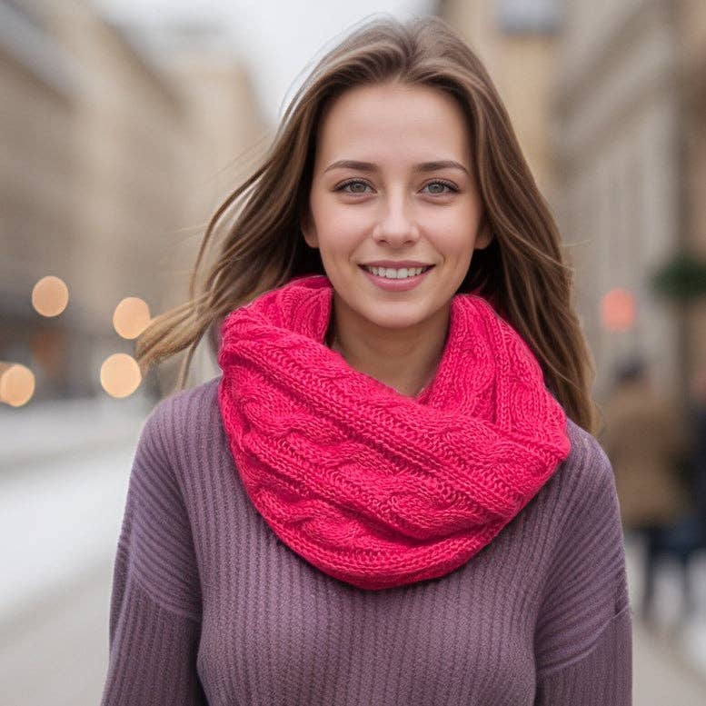 Black Ginger - Wholesale Scarf - Women's - Selat - Cable Knit Double Snood - Dark Pink0