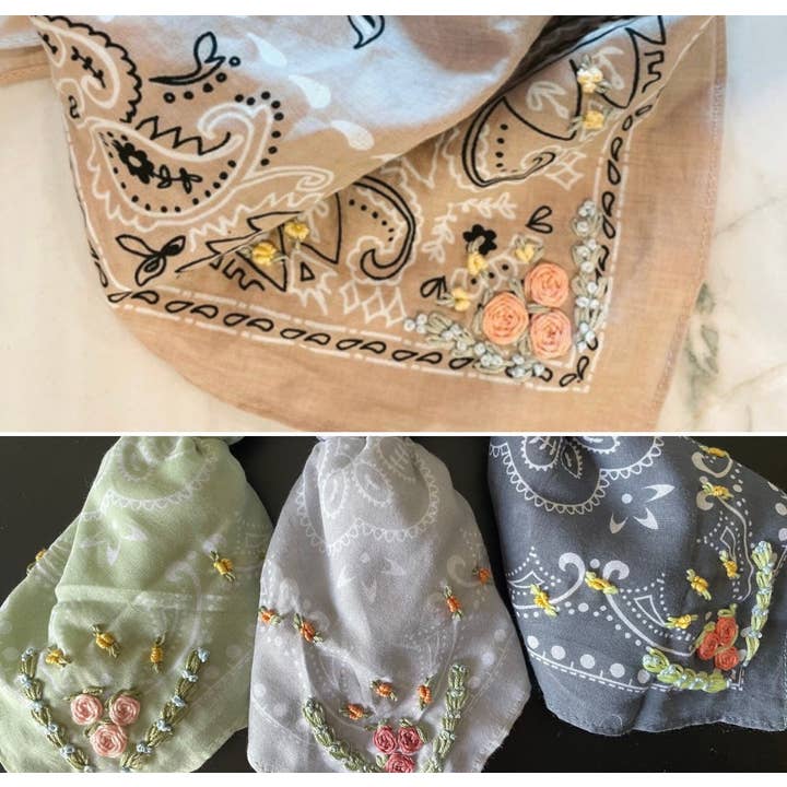 Little Lamb Designs - Wholesale Bandana - Women's - Tan/Green/Stone Blue/Gray Bandana With Floral Embroidery