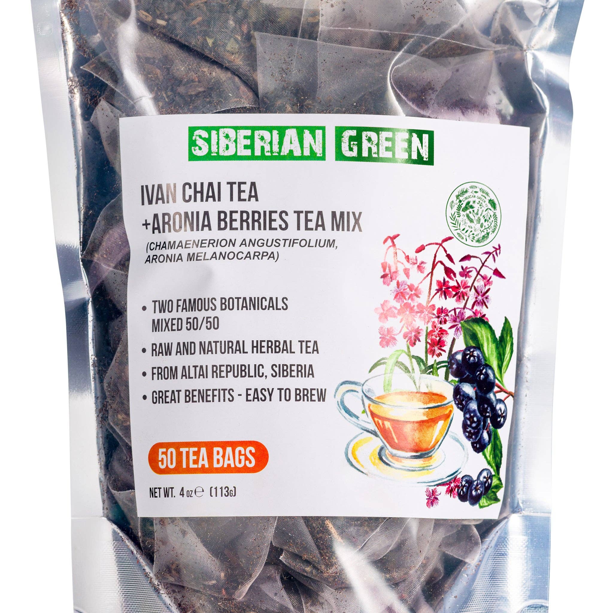 SiberianGreen - Wholesale Tea Bags - Siberian Green Ivan Chai and Aronia Berry Tea - 50 Herbal Tea Bags1