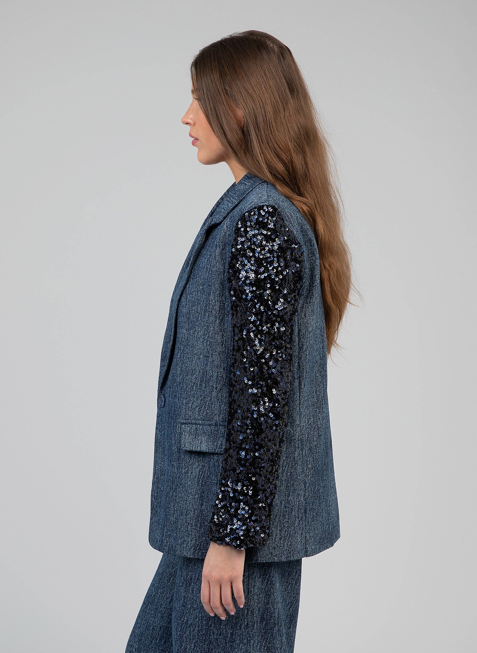 An'ge – Colete - Mulher por atacado – Blazer jeans HOWELA com manga de paetês3