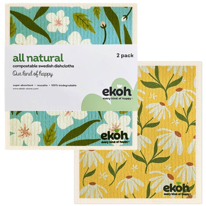 Swedish Dishcloths for Kitchen - Printed Paper Towel Alternative Zero Waste 2 Pack Eco Sponge Cloths - Scandi Daisy Flower Design for wholesale by EKOH