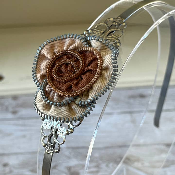 Tan Brown Zipper Flower Headband OOAK for wholesale by Open Window Studios