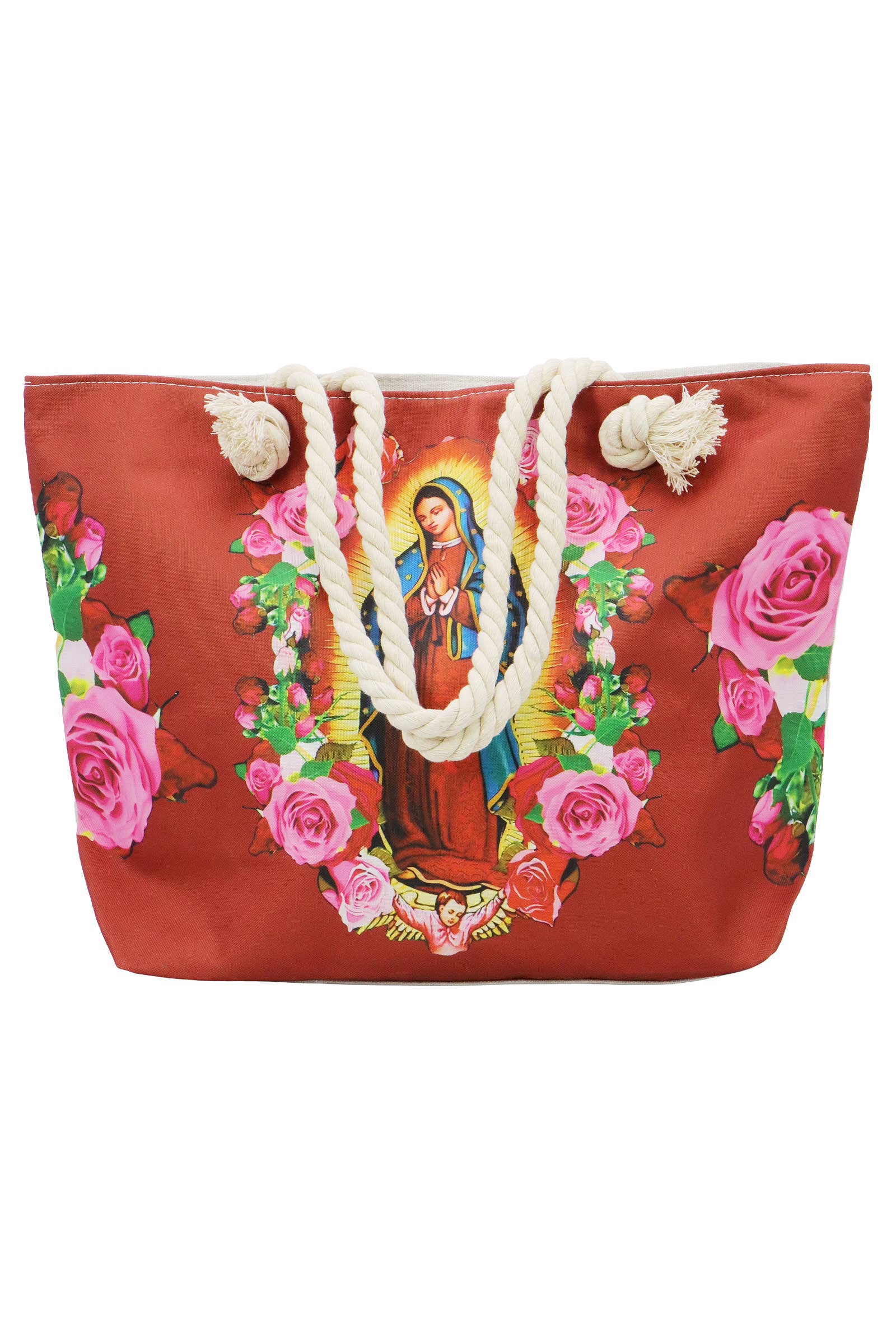 DARK RED Guadalupe Virgen Mary Zippered Canvas Tote Bag for wholesale on Faire3
