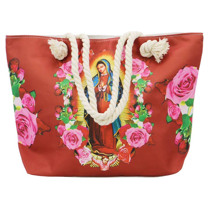 DARK RED Guadalupe Virgen Mary Zippered Canvas Tote Bag for wholesale on Faire3
